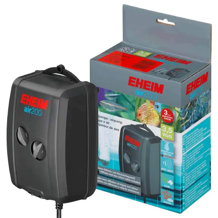 Eheim air pump with packaging on a white background